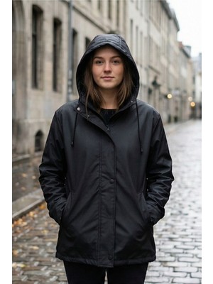 butiksinope Ast 10028 Kapüşonlu Rahat Kalıp Kadın Yağmurluk Mont Siyah