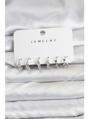 Clariss Pirinç Gümüş Renk Zirkon Taşlı Kadın Küpe Seti