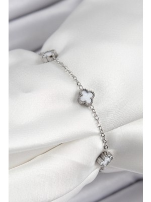 Zemira Home 316L Çelik Beyaz Sedef Yonca Model Gümüş Renk Kadın Bileklik
