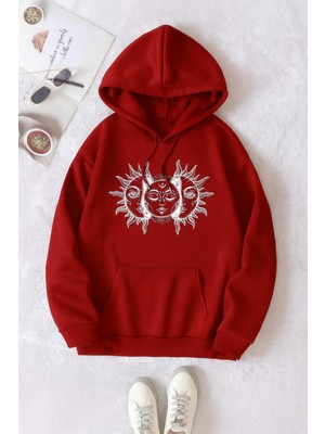 Bellanova Unisex 3 Iplik Kapüşonlu Kanguru Cepli Güneş ve Ay Baskılı Oversize Street Sweatshirt