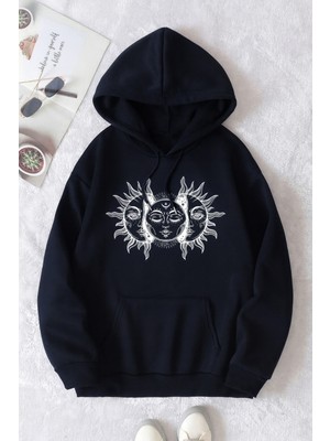Bellanova Unisex 3 Iplik Kapüşonlu Kanguru Cepli Güneş ve Ay Baskılı Oversize Street Sweatshirt