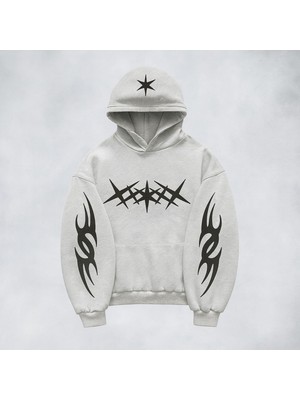 Bellanova Unisex Oversize Kapüşonlu Tribal Kol Detaylı Yıldız Baskılı Streetwear Grafik Sweatshirt
