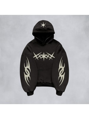 Bellanova Unisex Oversize Kapüşonlu Tribal Kol Detaylı Yıldız Baskılı Streetwear Grafik Sweatshirt