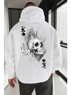 Bellanova Unisex Oversize Kapüşonlu King Skull Taç Zar Desenli Kupa Sembol Baskılı Streetwear Sweatshirt