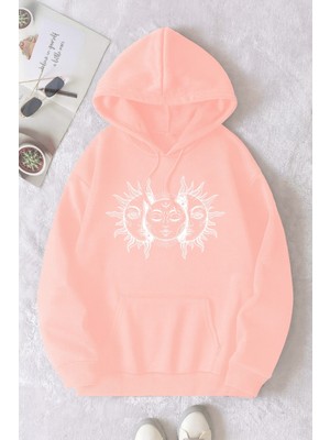 Bellanova Unisex 3 Iplik Kapüşonlu Kanguru Cepli Güneş ve Ay Baskılı Oversize Street Sweatshirt