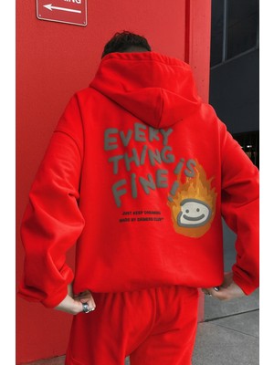 Bellanova Unisex Oversize Kapüşonlu Everything Is Fine Yazı ve Alev Emoji Baskılı Streetwear Sweatshirt
