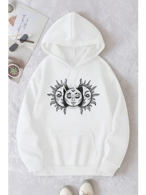 Bellanova Unisex 3 Iplik Kapüşonlu Kanguru Cepli Güneş ve Ay Baskılı Oversize Street Sweatshirt