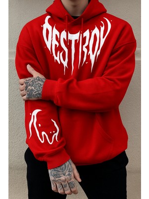 Bellanova "3 Iplik Oversize Kapüşonlu, Kanguru Cepli, Gotik ‘destroy’ Yazı Baskılı Sweatshirt"