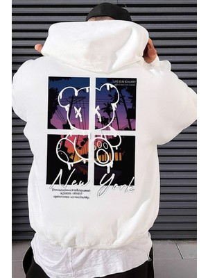 Bellanova “erkek Oversize Kapüşonlu Sweat – Renkli Ayı Silüeti ve New York Sunset Baskılı”