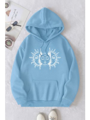 Bellanova Unisex 3 Iplik Kapüşonlu Kanguru Cepli Güneş ve Ay Baskılı Oversize Street Sweatshirt
