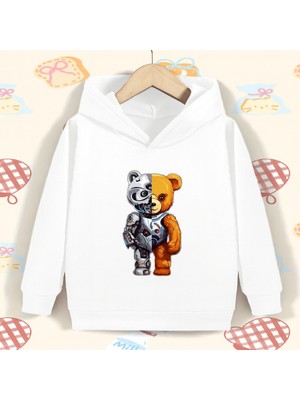 Bellanova Unisex 3 Iplik Şardonlu Kapüşonlu Kanguru Cepli Yarı Robot Ayıcık Baskılı Hoodie