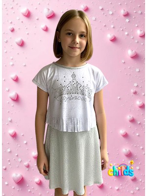 Alt Üst Yazlık Kız Çocuk Ikili Takım Püsküllü Penye Taş Baskılı Üst Piliseli Gümüş Parlak Etek.