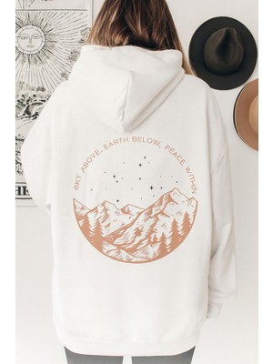 Bellanova Unisex Oversize Kapüşonlu Dağ Manzara ve Yıldız Grafik Baskılı Rahat Sokak Modası Sweatshirt