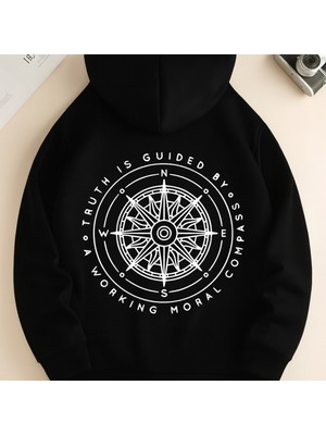 Bellanova Unisex Oversize Kapüşonlu Pusula Baskılı Moral Compass Tasarım Rahat Günlük Sweatshirt