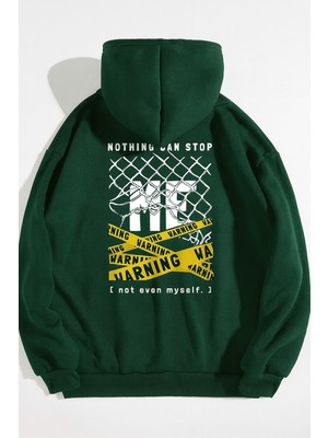 Bellanova Unisex Oversize Kapüşonlu Warning Yazı Grafik Baskılı Sokak Stili Rahat Günlük Sweatshirt