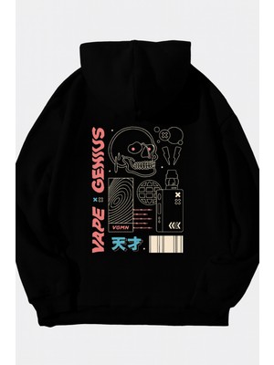 Bellanova Unisex Oversize Kapüşonlu Baskılı Vape Skull Grafik Sokak Modası Rahat Tarz Sweatshirt