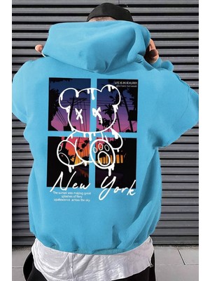 Bellanova “erkek Oversize Kapüşonlu Sweat – Renkli Ayı Silüeti ve New York Sunset Baskılı”