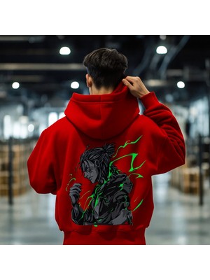 Bellanova “3 Iplik Kapüşonlu Kanguru Cepli Arkası Anime Şimşek Desenli Oversize Sweatshirt”