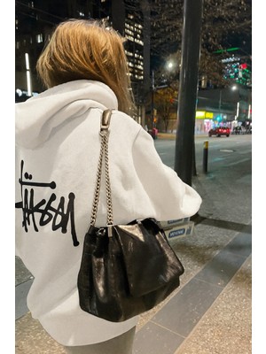 Bellanova Unisex Oversize 3 Iplik Şardonlu Arka Yazı Baskılı Kapüşonlu Kalın Sweatshirt