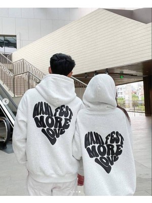 Bellanova Unisex Kapüşonlu Sweatshirt 3 Iplik Rahat Kesim Kanguru Cepli Manifest More Love Kalp Baskılı