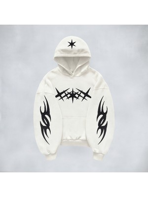 Bellanova Unisex Oversize Kapüşonlu Tribal Kol Detaylı Yıldız Baskılı Streetwear Grafik Sweatshirt