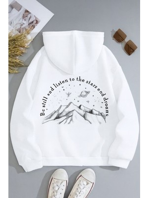 Bellanova Unisex Oversize Kapüşonlu Dağ ve Yıldız Baskılı Astronomi Temalı Rahat Günlük Sweatshirt