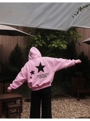 Bellanova Unisex Oversize Kapüşonlu Sweatshirt Arka Büyük Yıldız Baskılı Rahat Günlük Streetwear