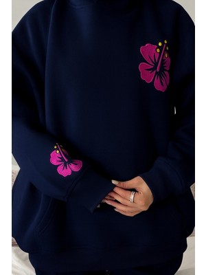 Bellanova Kadın Oversize Kapüşonlu 3 Iplik Şardonlu Çiçek Baskılı Kanguru Cepli Sweatshirt