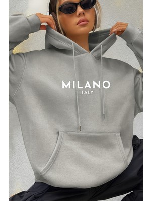 Bellanova Unisex Kapüşonlu Sweatshirt "mılano Italy" Baskılı Oversize 3 Iplik Şardonlu Kumaş