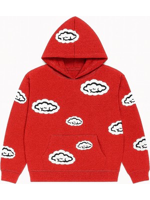 Bellanova Unisex Kapüşonlu Sweatshirt 3 Iplik Kanguru Cepli Rahat Kesim Bulut Desenli Baskılı Hoodie