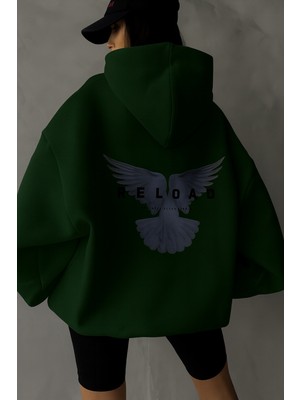 Bellanova Unisex Oversize Kapüşonlu Sweatshirt Arka Kanat ve Reload Yazı Baskılı Günlük Streetwear