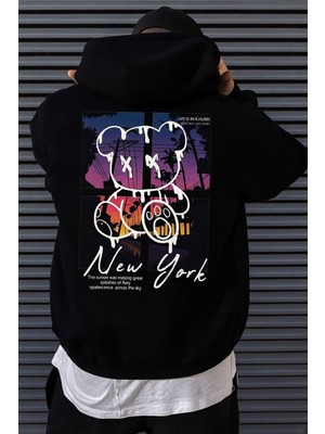 Bellanova “erkek Oversize Kapüşonlu Sweat – Renkli Ayı Silüeti ve New York Sunset Baskılı”