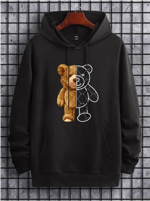 Bellanova Unisex 3 Iplik Oversize Kapüşonlu Kanguru Cepli Yarım Ayı Desenli Baskılı Sweatshirt