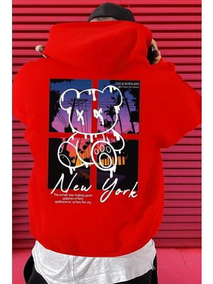 Bellanova “erkek Oversize Kapüşonlu Sweat – Renkli Ayı Silüeti ve New York Sunset Baskılı”