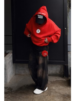 Bellanova 3 Iplik Kapüşonlu Kanguru Cepli Sweatshirt – Göğüs Yuvarlak Minimal Baskılı Unisex