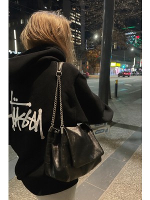 Bellanova Unisex Oversize 3 Iplik Şardonlu Arka Yazı Baskılı Kapüşonlu Kalın Sweatshirt