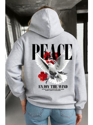 Bellanova Unisex Kapüşonlu Kanguru Cepli Güvercin ve Gül Baskılı Peace Hoodie