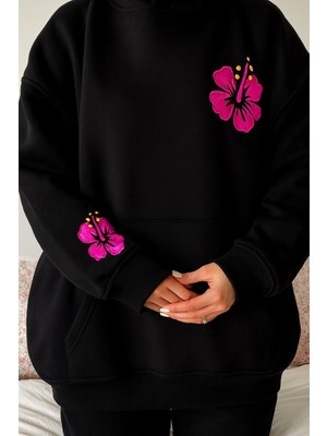 Bellanova Kadın Oversize Kapüşonlu 3 Iplik Şardonlu Çiçek Baskılı Kanguru Cepli Sweatshirt