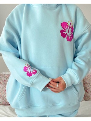 Bellanova Kadın Oversize Kapüşonlu 3 Iplik Şardonlu Çiçek Baskılı Kanguru Cepli Sweatshirt