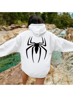 Bellanova 3 Iplik Unisex Kapüşonlu Kanguru Cepli Hoodie Büyük Siyah Örümcek Baskılı Sweatshirt