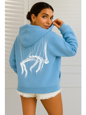 Bellanova Kadın Oversize Kapüşonlu Sweatshirt Arka Baskılı Sanatsal Tasarım Üç Iplik Kanguru Cepli