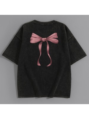 Bellanova Oversize Tişört - Kısa Kollu - Pamuklu Rahat Kalıp - Arka Baskı Pembe Fiyonk Desenli Tshirt