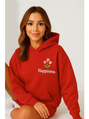 Bellanova Kadın Kapüşonlu Kanguru Cepli Oversize Sweatshirt Ön Happıness Çiçek Baskılı Rahat Günlük