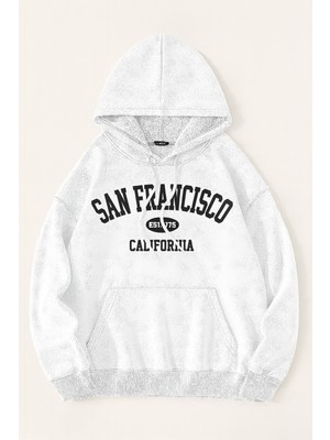 Bellanova Kapüşonlu Kanguru Cepli Oversize Sweatshirt Ön San Francısco Calıfornıa Yazılı Rahat Günlük