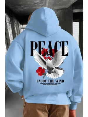 Bellanova Unisex Kapüşonlu Kanguru Cepli Güvercin ve Gül Baskılı Peace Hoodie