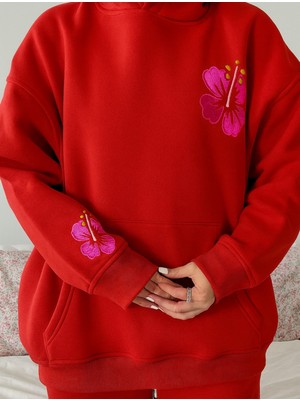 Bellanova Kadın Oversize Kapüşonlu 3 Iplik Şardonlu Çiçek Baskılı Kanguru Cepli Sweatshirt