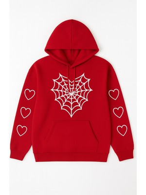 Bellanova Kadın Kapüşonlu Sweatshirt – Önü Örümcek Ağı Desenli, Kollarda Kalp Baskılı Hoodie