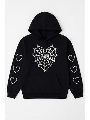 Bellanova Kadın Kapüşonlu Sweatshirt – Önü Örümcek Ağı Desenli, Kollarda Kalp Baskılı Hoodie