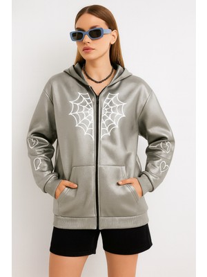Bellanova Kadın Fermuarlı Kapüşonlu Hoodie – Örümcek Ağı ve Kalp Desenli Sweatshirt