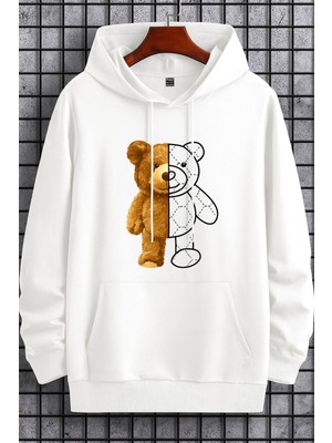 Bellanova Unisex 3 Iplik Oversize Kapüşonlu Kanguru Cepli Yarım Ayı Desenli Baskılı Sweatshirt